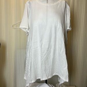 Lane Bryant White Short Sleeve Tee tunic with eyelet lace sides & shark bite hem